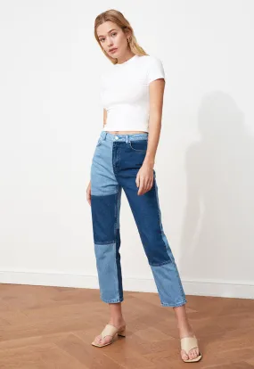 Color-Â BlockedÂ High Waist Straight Jeans